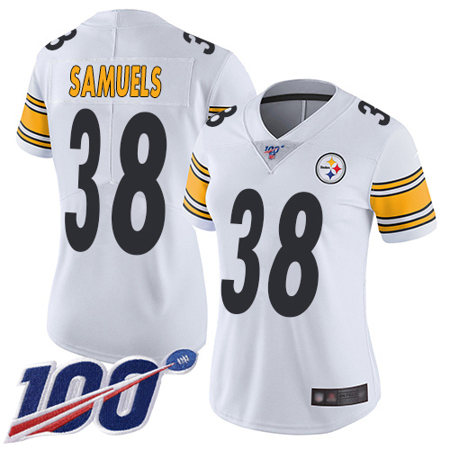 Women Pittsburgh Steelers Football 38 Limited White Jaylen Samuels Road 100th Season Vapor Untouchable Nike NFL Jersey